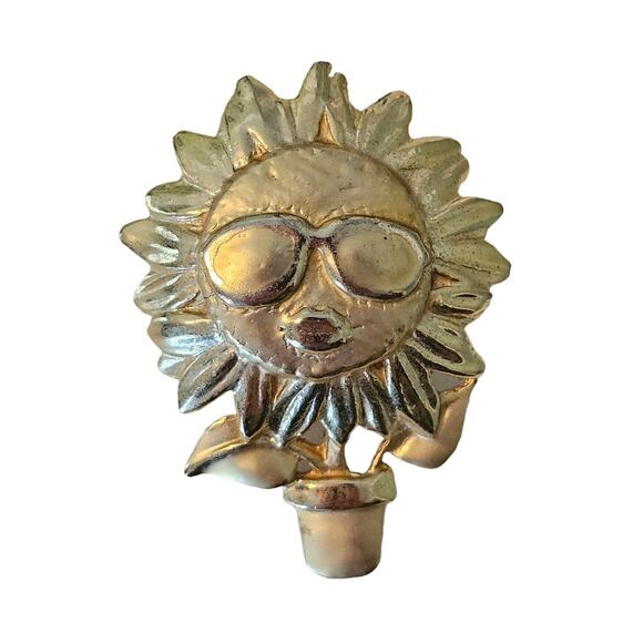 Vintage Gold Sunflower Potted Plant Brooch of Whimsical with Sunglasses - Picture 1 of 5